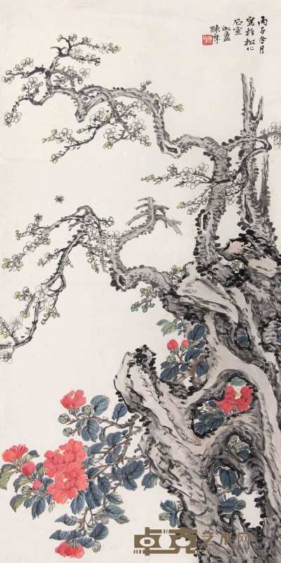 陈摩 丙子（1936年）作 花卉 立轴 135×67cm
